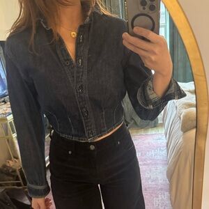 Denim Pleated Cropped Button-Up Shirt
